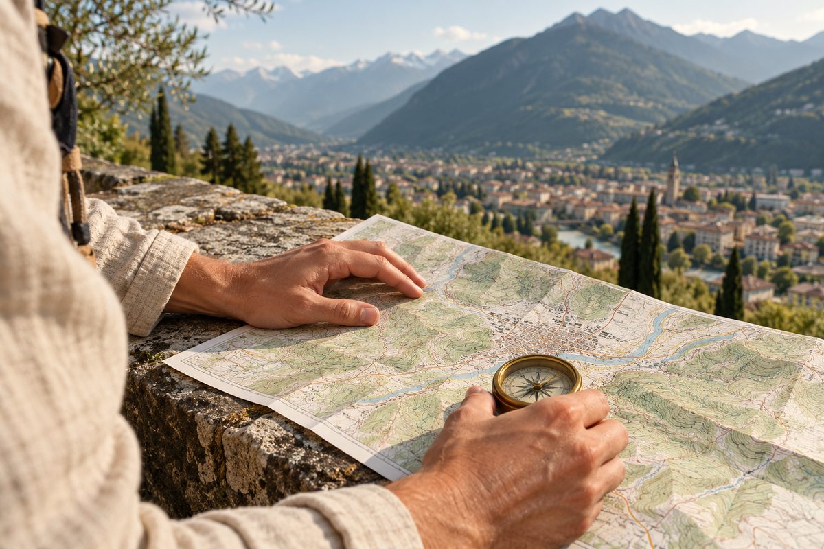 Hands tracing a walking route with a compass on a topographic map of Merano
