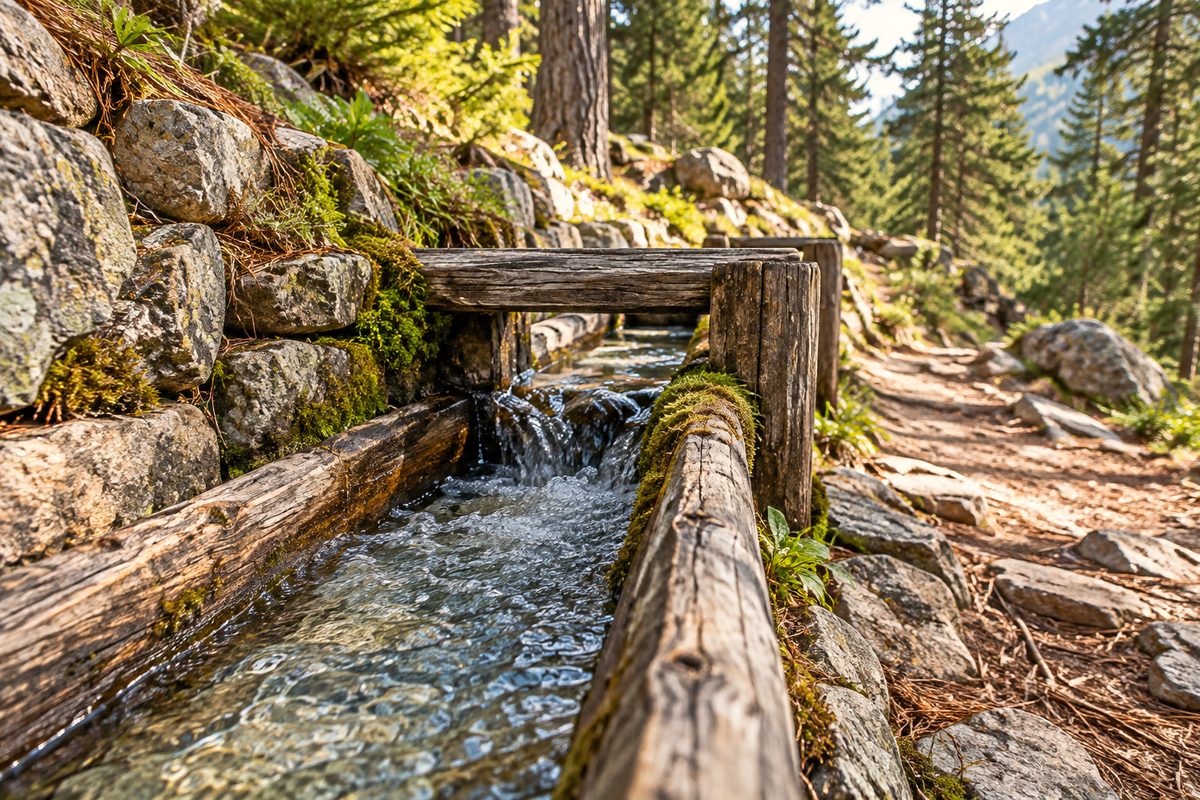 Historic timber waalweg irrigation channel with clear mountain water running beside a forest trail